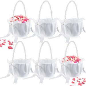 lot 1350 image: Geetery Wedding Flower Girl Baskets Set of 6, Flower Basket with Cute Pearl Handle White Bowknot Satin for Elegant Wedding Ceremony Bridal Shower Party Decor(Exquisite Style)