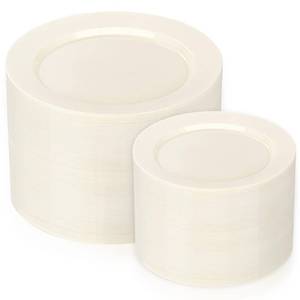 lot 1372 image: IOOOOO 200 Pcs Ivory Plastic Plates, Disposable Party Plates Include 100 Ivory Dinner Plate 10�� and 100 Plastic Dessert Plate 7�� Perfect for Birthday, Party and Wedding
