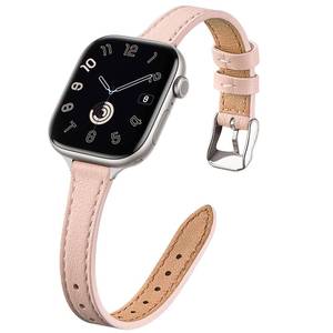lot 2199 image: STIROLL Slim Leather Bands Compatible with Apple Watch Band 38mm 40mm 41mm 42mm 44mm 45mm 49mm,Top Grain Leather Watch Thin Wristband for iWatch Ultra SE Series 87654321(Pale pink with Silver)