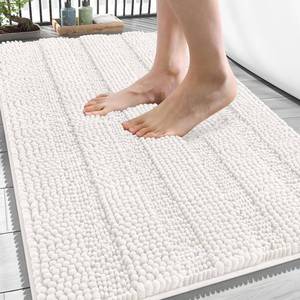 lot 2201 image: OLANLY Thick Bathroom Rugs 34x21, Soft Chenille Striped Bath Rugs, Ivory