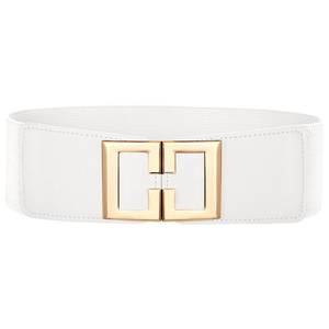lot 2234 image: Wide Elastic Belts for Women Dresses Fashion Stretchy Waist Belt with Gold Buckle (White)