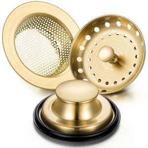 lot 2272 image: Mudder 3 Pcs Kitchen Sink Drain Strainer and Stopper Stainless Steel Garbage Disposal Plug with Handle Universal Anti-Clogging Kitchen Sink Filter Sieve Basket Strainer(Brushed Gold)