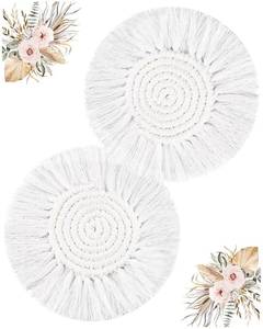 lot 2283 image: 2 PCS Boho Coasters for Drinks Absorbent, Macrame Cotton Coasters for Wooden Table Round Drink Coaster Set with Tassels Housewarming Gift Bar Coffee Table Office Desk Dcor