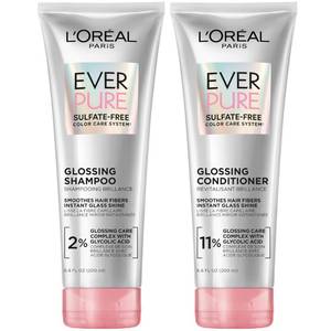 lot 2299 image: L�Oreal Paris Sulfate Free Glossing Shampoo and Conditioner Set with Glycolic Acid, Provides Intense Glass Shine and Smoothness, Suitable for Dull, Dry, and Color-Treated Hair, EverPure, 13.6 Fl Oz Set