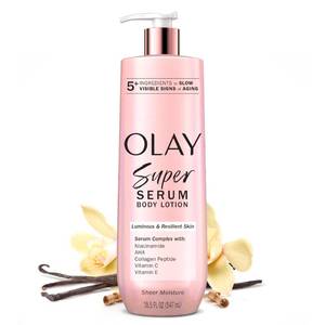 lot 2306 image: Olay Super Serum Hand and Body Lotion for Dry Skin, 24hr Long Lasting Hydration, 5 Ingredient Complex for Bright Even Firm Luminous Skin, Sweet Vanilla and Soft Wood Scent, 18.5 fl oz