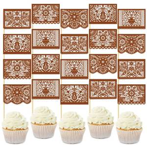 lot 2308 image: 60 Pcs Brown Mexican Fiesta Cupcake Toppers, Mini Paper Papel Picado Banner Cake Toppers, Platos De Barro Cielito Lindo Party Decoration for Mexican Themed Birthday Baby Shower Cinco de Mayo Fiesta