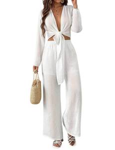 lot 2326 image: ZEEJINNG Womenfts 2 Piece Cover Up Sets Long Sleeve Sheer Tops Pants Wh L