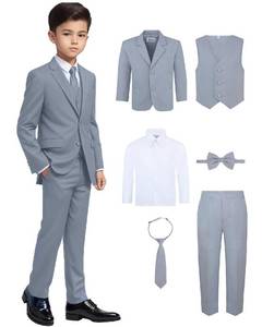 lot 2334 image: Boyfts 6-Piece Formal Suit Set � Includes Suit Jacket, Comfort Waist Dress Pants, Vest, Dress Shirt, Necktie and Bow Tie � Gray Suit, 16