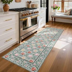 lot 2355 image: GarveeHome Runner Rug for Hallways 2x6 Kitchen Rugs, Non Slip Washable Vintage Floral Runners Soft Low Pile Botanical Print Stain Resistance Long Carpet for Entryway Bedroom, Grey Green