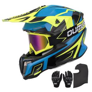lot 3243 image: OUMURS Adult ATV Dirt Bike Helmet with Gloves and Mask Adjustable Sun Visor Motorcycle Adult Helmet Off-Road Motocross Downhill Moped MX for Unisex-Adult-Yellow Blue, XL