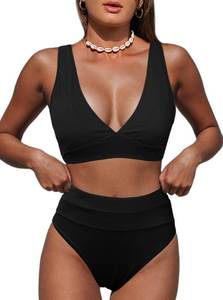 lot 4395 image: Hilinker Womenfts Leopard Bikini Swimsuits V Neck High Waisted 2 Piece Bathing Suits (as1, Alpha, l, Regular, Regular, All Black) Large