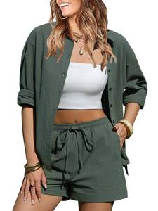 lot 4402 image: EXLURA Womens 2 Piece Sets Summer Cotton Long Sleeve Shirts Matching Shorts