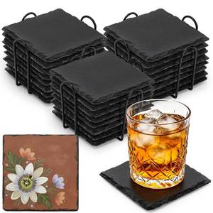 lot 4439 image: ZOOFOX 24 Pieces Drink Coasters, 4 Inch Square Slate Stone Coaster with 3 Holders, Handmade Coasters Set for Bar Kitchen Home Decor