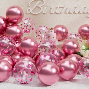 lot 4460 image: SUWEN Pink Metallic and Confetti Balloons Set 47PCS Hot Pink Latex