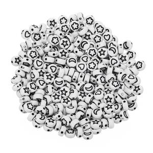 lot 4476 image: Generic 500 Pcs White Acrylic Star Moon Heart Flower Beads, 7x4mm Flat Round Disc Coin Pony Beads with Black Pattern for Jewelry Making DIY Friendship Bracelets Necklace