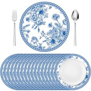 lot 4485 image: Moinchore 100 Pack Blue Floral Paper Placemats 13 Inch Chinoiserie Disposable Table Mats Round Paper Place Mats Dinnerware for Baby Shower Bridal Birthday Kitchen Wedding Party Supplies