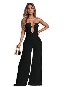 lot 4499 image: Figdaw Elegant Jumpsuit Strapless Jumpsuits for Women 2026 Casual Dressy,Brunch Outfit,Wide Leg Design with Decorative Buttons(Black,S,C6941)