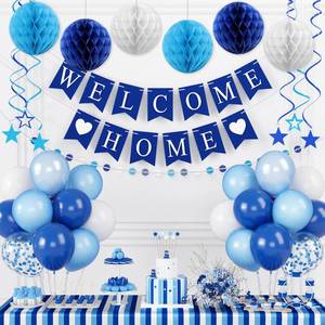 lot 4503 image: Welcome Home Banner, Welcome Home Decorations Military with Blue Balloons Honeycomb Balls Hanging Swirl Streamers Welcome Back Sign for Housewarming Baby Shower Family Decorations