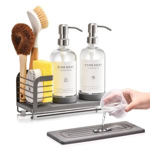 lot 5579 image: Kitchen Soap Dispenser Set with Drying Tray � 16oz Glass Bottles with Stainless Steel Pumps, Sink Organizer Caddy with Brush Holder and Non-Slip Feet � All-in-One Dish and Hand Soap Station