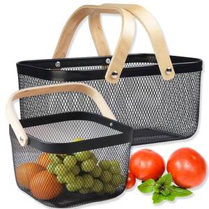 lot 5593 image: Cheardia 2 Pack Picnic Baskets, Metal Mesh Harvest Basket with Foldable Wooden Handle, Rectangle Garden Storage Basket Bin for Vegetable Fruit Garden Kitchen Cabinet Picking Gathering
