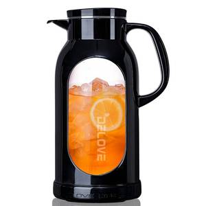 lot 5600 image: Delove 68 oz2 Liter Glass Pitcher with Shatterproof Shell - Heat Resistant Glass Liner - Stainless Steel Lid - Carafe and Jug for Iced Tea,HotCold Water,Homemade Juice Beverages (Black) incomplete