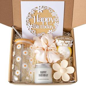 lot 5610 image: JTEWB Birthday Gifts For Women, Teen Girl, Her, Happy Birthday Gift Box For Girl, Women, Sister, Daughter, Friends, Cute Daisy Aesthetic Glass Cups Gift Set 7pcs