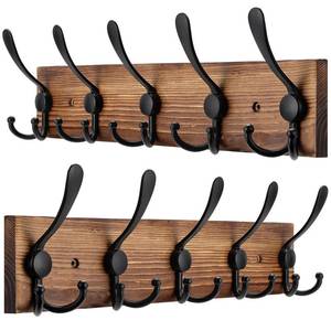 lot 5611 image: Kuhome 2pcs Coat Rack Wall Mount Wooden Hat Rack for Wall Hooks Pine Real Wood Plank 16.9in Brown Coat Hanger with 5 Triple Hooks for Hanging Coat Hat Jacket