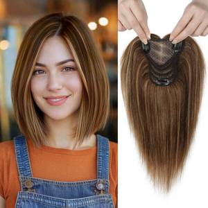 lot 6005 image: REECHO 10in Real Human Hair Topper for Women with Thinning Hair, Clip-in Crown Hairpiece for Instant Volume and Gray Root Coverage Real Hair Toppers Wiglett, Medium Brown Mix Honey Blonde