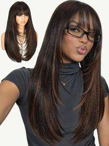 lot 6022 image: Quantum Love Highlight Long Straight Layered Wig with Bangs Synthetic Hair