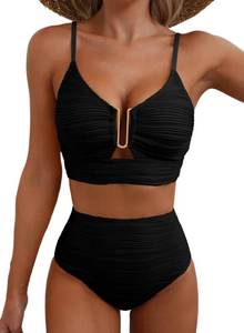 lot 6032 image: Herseas Womenfts High Waisted Tummy Control Textured Swim Suit Black S