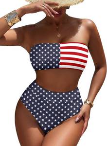 lot 6039 image: Pink Queen Womenfts Bandeau High Waisted American Flag 2 Pieces Bikini S