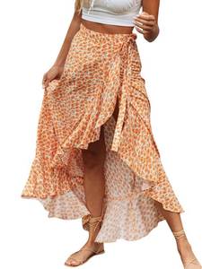 lot 6053 image: BerryGo Womenfts Boho Floral Wrap Maxi Skirt Sarong Coverups High Waisted Long Skirt with Slit Orange-S