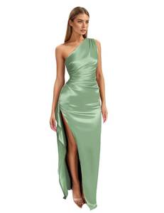 lot 6058 image: Zeflows Womens One Shoulder Ruched Satin High Slit Dress, Sage Green-L