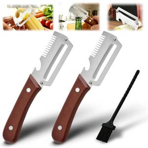 lot 6059 image: 2 Pack MultiFunctional Vegetable Peeler with Cleaning Brush,3 in 1 Stainless Steel Blade with Wooden Handle and Bottle Opener,Peeler Knife for Fruit Pumpkin Peeling Potato Carrot Veggie Peeler