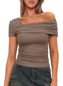 lot 6069 image: Darong One Off The Shoulder Short Sleeve Shirt for Women Fitted Going Out Tops 9047 Khaki L