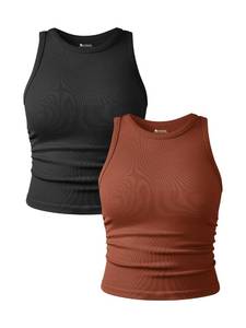lot 6070 image: OQQ Womenfts 2 Piece Tank Tops Crew Neck Sleeveless Basic Stretch Casusal Yoga Crop Camis Black Caramel size L