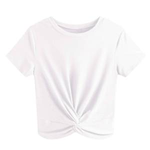 lot 6074 image: JINKESI Womenfts Summer Causal Short Sleeve Blouse Round Neck Crop Tops Twist Front Tee T-Shirt White-Small