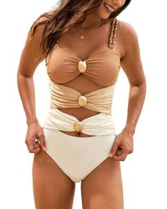 lot 6130 image: Fanuerg Womenfts One Piece Swimsuit Sexy Cutout Color Block Bathing Suit Golden O Ring Linked Swimwear Brown XL