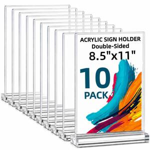 lot 7270 image: Amzlink� 10 Pack Acrylic Sign Holder 8.5 x 11, Double Sided Clear Tabletop Display Stand with T-Shaped Base, Plastic Table Sign Holder for Menus Flyers, Brochures, Table Numbers, Picture Frames, Restaurant, Office, Retail, Wedding and Party Decoration