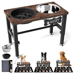 lot 7272 image: SHAINFUN Elevated Dog Bowls with Slow Feeder and Mat for Medium and Large Dogs, 12in Tall Adjustable Wooden and Metal Raised Dog Bowl Stand, 2 Stainless Steel 58oz Bowls for Food and Water