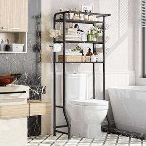 lot 7289 image: Simple Trending Over The Toilet Storage Cabinet, Metal Bathroom Shelf Organizer with Paper Holder and Hooks, 3 Tier, Black