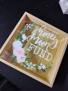 lot 7296 image: Hanna Roberts Honey Moon Fund box, Rustic Wood Card Box with Mixed Floral Garland Design for Weddings, Birthdays, Graduations, Baby and Bridal Showers, 9.5in x 3in x 9.5in, Honey Moon Fund
