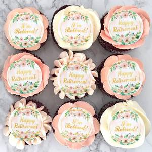 lot 8356 image: 40Pcs Edible Floral Happy Retirement Cupcake Toppers Circle Iftm Retired Cupcake Picks for Female Retirement Farewell Party Official Retired Womenfts 67th 70th Birthday Cupcake Cake Decorations