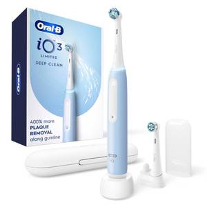 lot 8359 image: Oral-B Rechargeable Electric Toothbrush, iO3 Limited Deep Clean, 3 Cleaning Modes, Visual Pressure Sensor to Protect Gums, 2 Brush Heads, Travel Case, ICY Blue