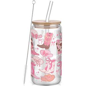 lot 8369 image: Yetene Coquette Bow Aesthetic Cup 16oz Cowgirl Glass Cup with Lid and Straw Pink Bow Tumbler Cowgirl Gifts for Women Girls Friend Sister Girlfriend