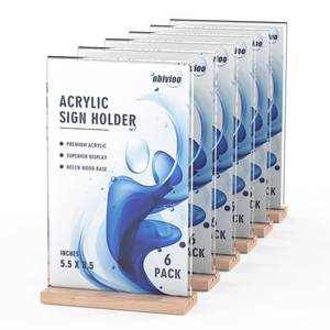 lot 8373 image: Acrylic Sign Holder 5.5x8.5 with Wood Base, Clear T shape Table Display Stands for Office, House, Store, Restaurants, and Event use, Double side Flyer Holder for Ads, Menu, Picture etc.(6 packs)