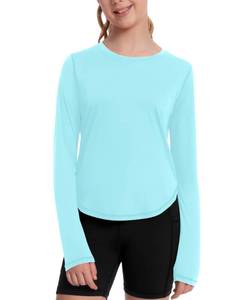 lot 8390 image: Runhit UPF 50 Rash Guard for Girls Quick Dry Athletic Tops Kids UV Sun Protection Shirt Workout Long Sleeve Shirts Ice Blue 2XL
