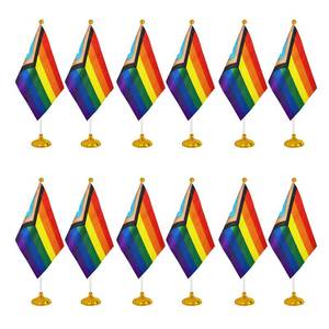 lot 8391 image: WXTWK 12 Pack Progress Pride Rainbow Desk Flag Small Mini Gay LGBT Table Flags With Stand Base,Rainbow Mardi Gras Festival Events Celebration Decorations