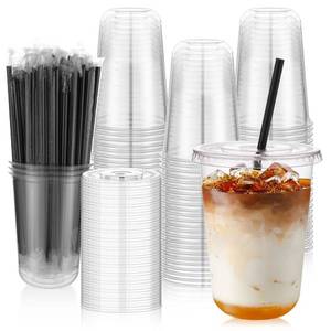 lot 11786 image: tchrules 100 Set 16oz Clear Round Bottom Plastic Cups with Lids and Straws