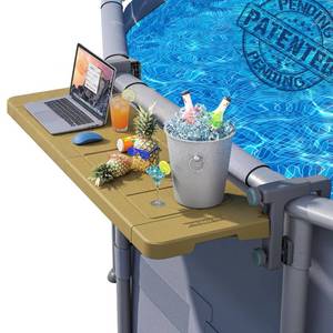 lot 11797 image: POOLHACKER Poolside Bar, Original Swim Up Bar Exclusively for Above-Ground Round Pools. Patio Poolside Table Smart Fold Easy Maintenance, Weather Resistant Stable Tabletop (Amber Brown)